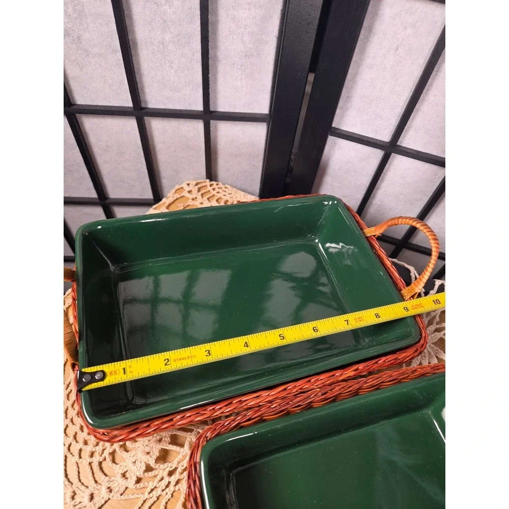 Vintage Green Ceramic Baking Dish Set with Wicker Baskets 3 Pieces Rectangular